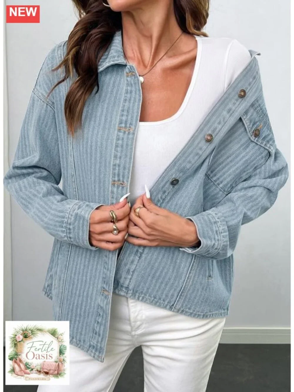 Women's Striped Denim Shacket Button Down Cotton Blend Jacket